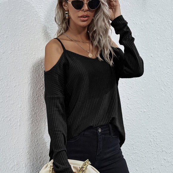 Khaki off shoulder waffle long sleeve knit top - Picture 8 of 16